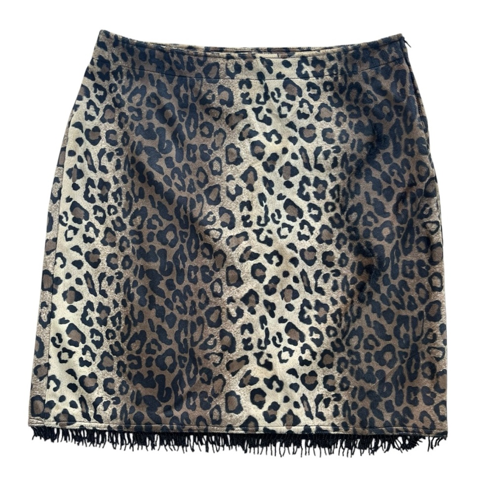 Palisades Women’s L Brown Black Leopard Print Velour Beaded Fringe Pencil Skirt‎